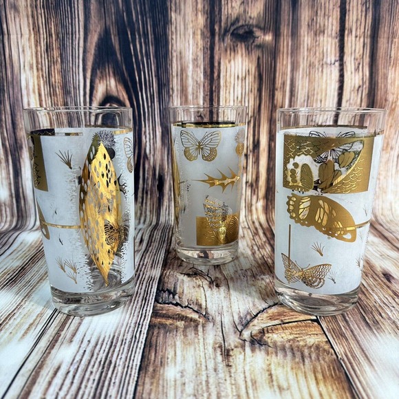Fred Press Other - Set of 3 Vintage Fred Press Gold Butterfly Thistle MCM Cocktail Drinking Glasses
